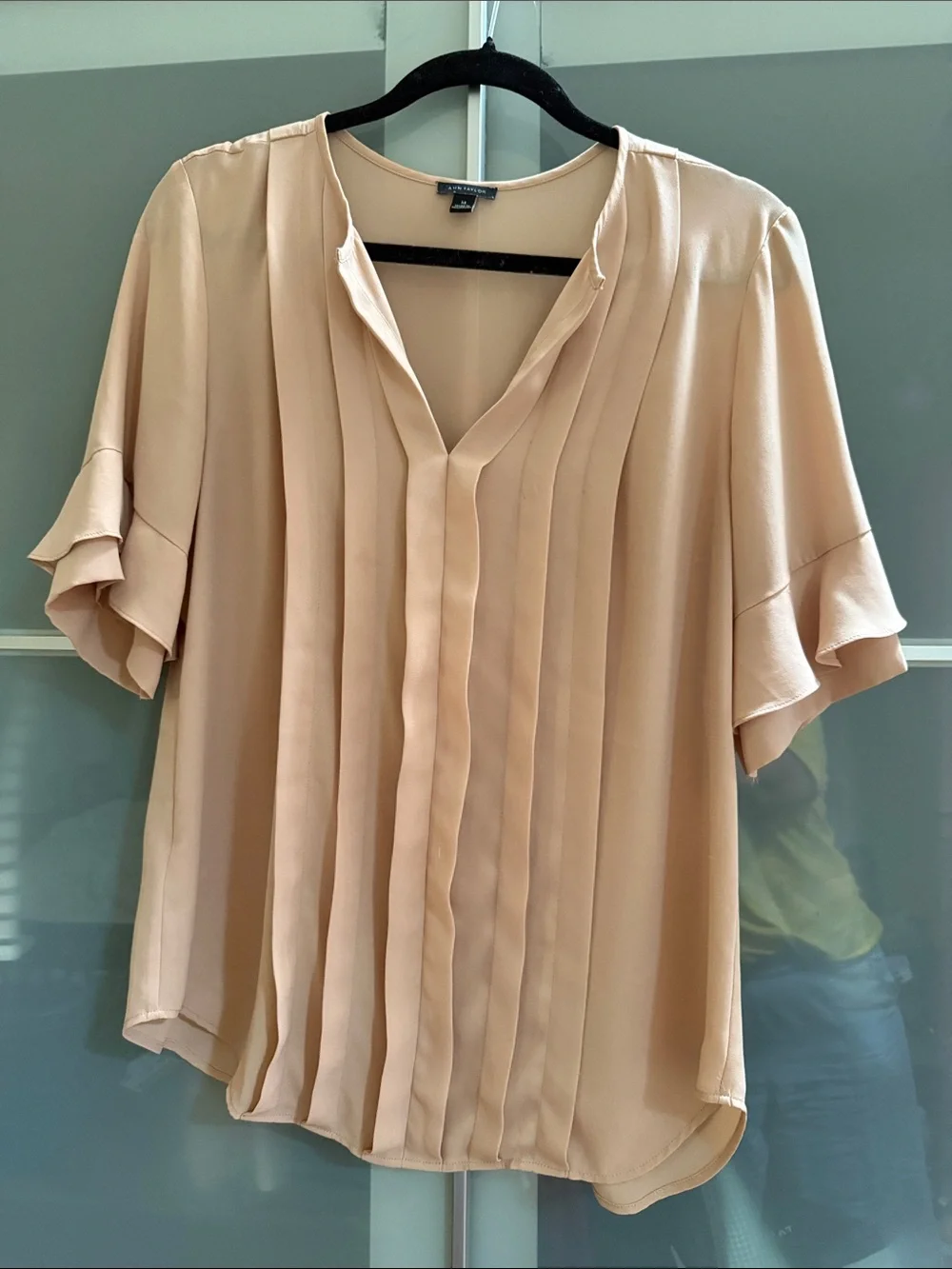 Ann Taylor Blush Pleated V-Neck Flutter Sleeve Blouse